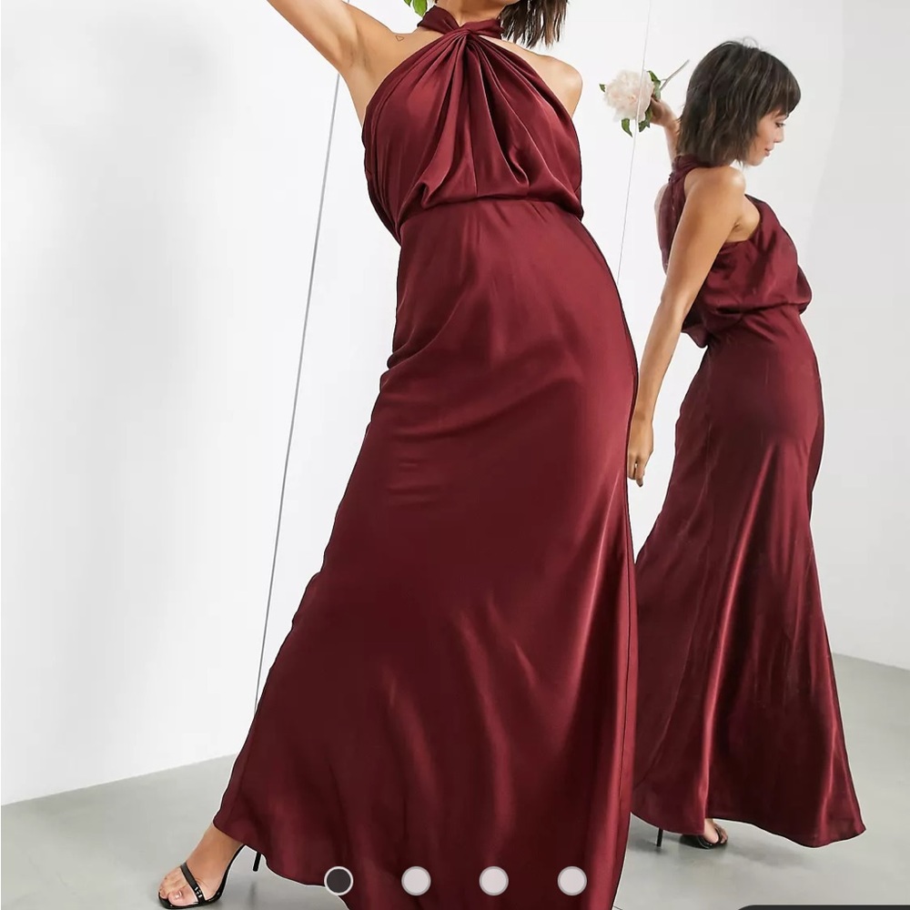 satin ruched halter neck maxi dress in wine